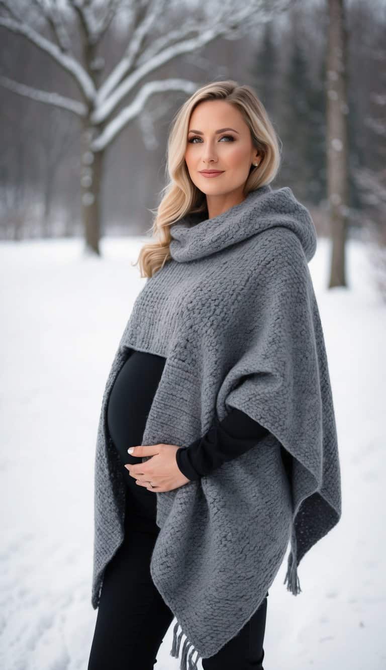 A pregnant woman wearing a cozy wool poncho, standing in a winter landscape with snow-covered trees and a serene atmosphere