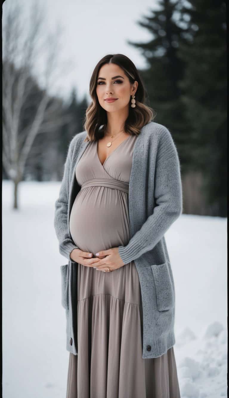 A pregnant woman wearing a layered midi dress and a cozy cardigan, standing in a snowy winter landscape with trees and a soft, serene atmosphere