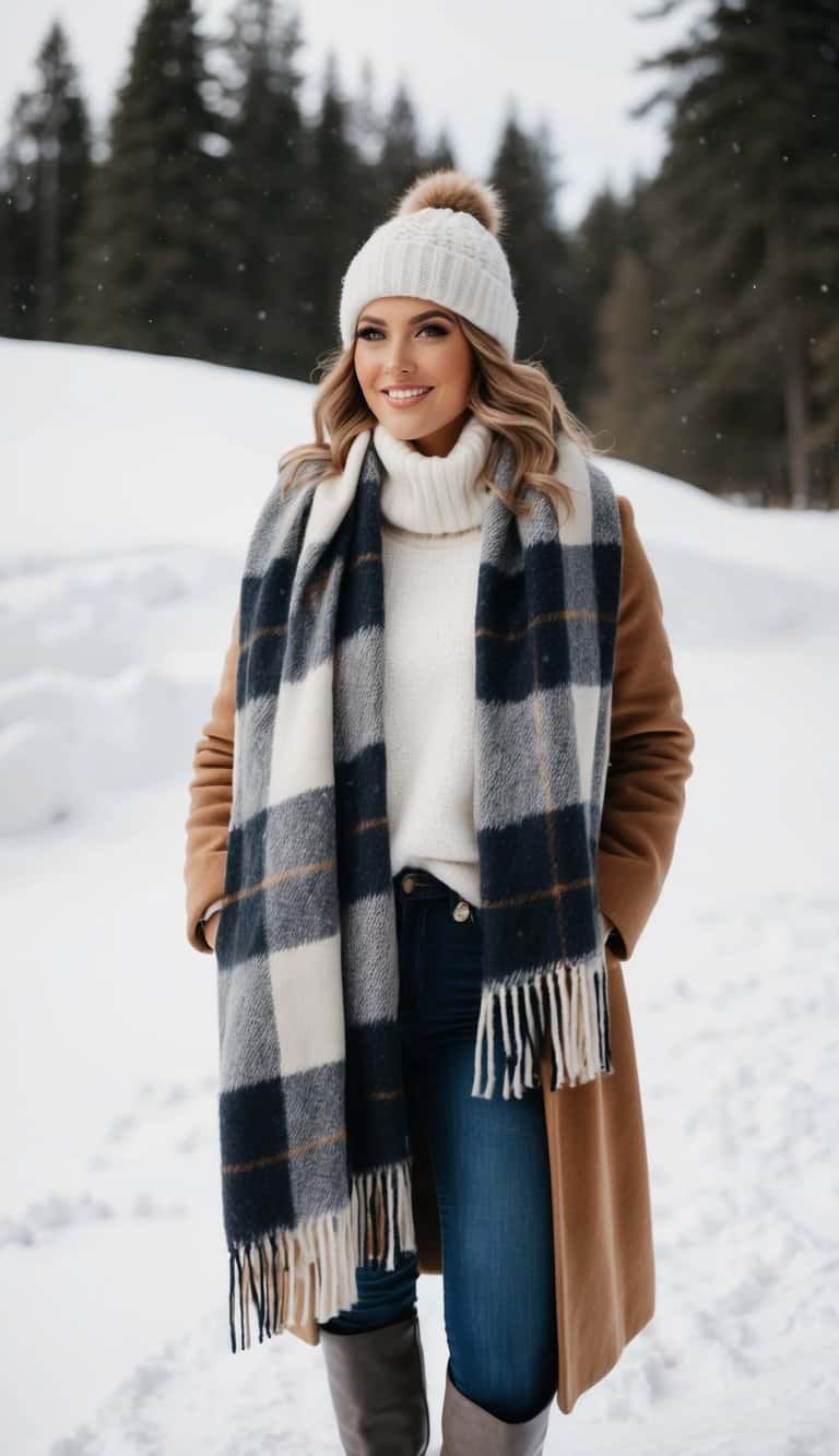 A plaid blanket scarf draped over a cozy winter outfit, paired with boots and a warm coat, set against a snowy backdrop