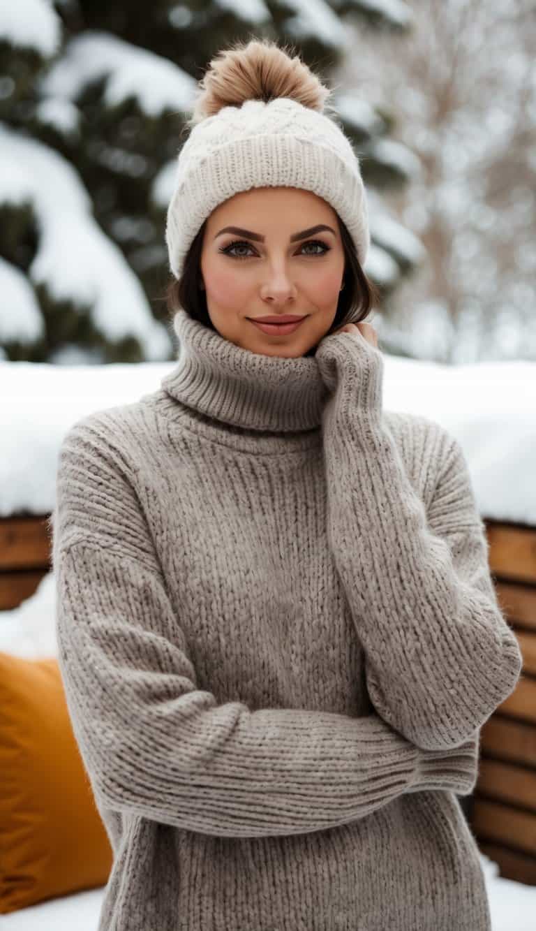 A cozy turtleneck sweater paired with winter accessories, surrounded by snow-covered trees and a warm, inviting atmosphere