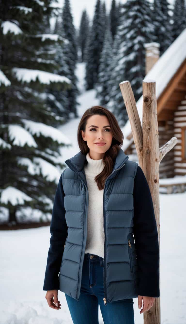 A cozy quilted puffer jacket hangs on a rustic wooden coat rack, surrounded by snow-covered pine trees and a quaint log cabin