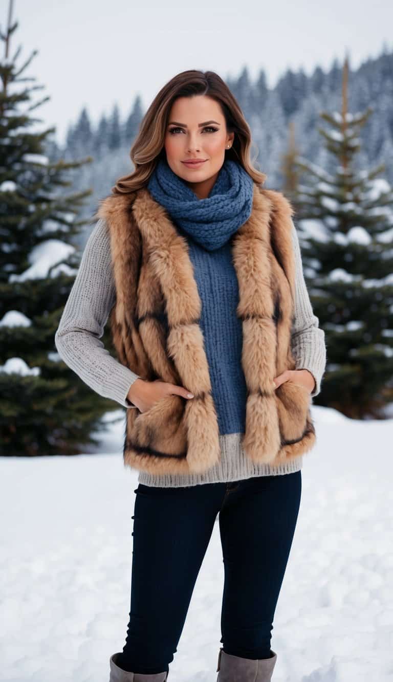 A cozy faux fur vest layered over a sweater and paired with boots and a scarf, set against a snowy backdrop with pine trees