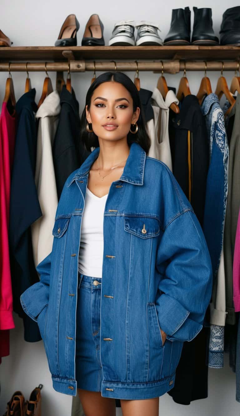 An oversized denim jacket hangs on a rustic wooden coat rack, surrounded by various unisex clothing items, shoes, and accessories
