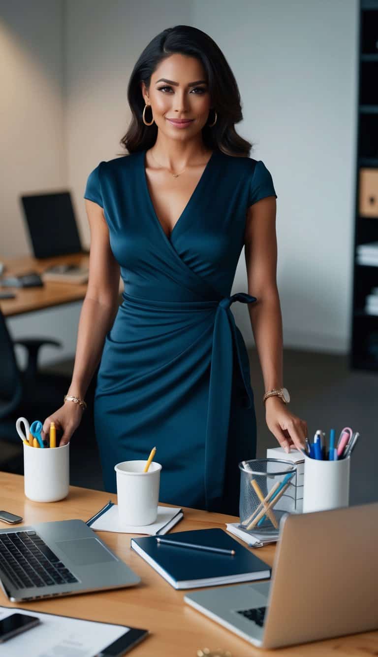 15 Women’s Work Wear Outfit Ideas for Professional Style That Exude Confidence and Charm 11 A woman in a sleek wrap dress surrounded by office supplies and a laptop, exuding confidence and professionalism