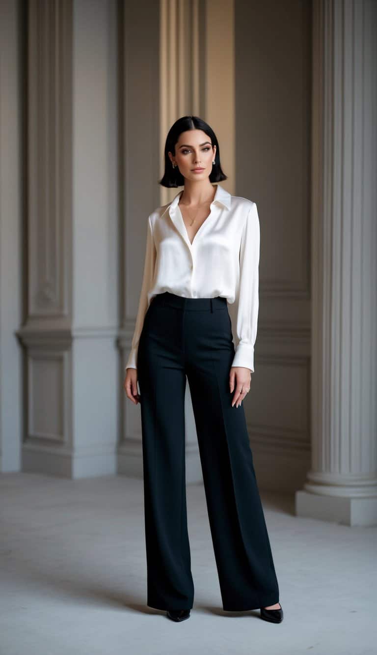 16 Classy White and Black Outfit Ideas for Timeless Style That Will Elevate Your Wardrobe! 2 A sleek pair of black wide-leg trousers paired with a flowing white silk blouse, creating a timeless and classy outfit