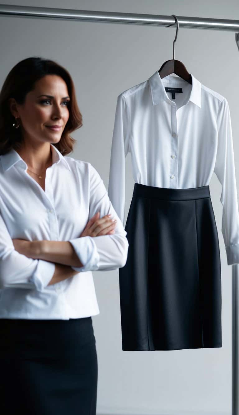 16 Classy White and Black Outfit Ideas for Timeless Style That Will Elevate Your Wardrobe! 3 A neatly folded white button-up shirt beside a sleek black pencil skirt on a hanger