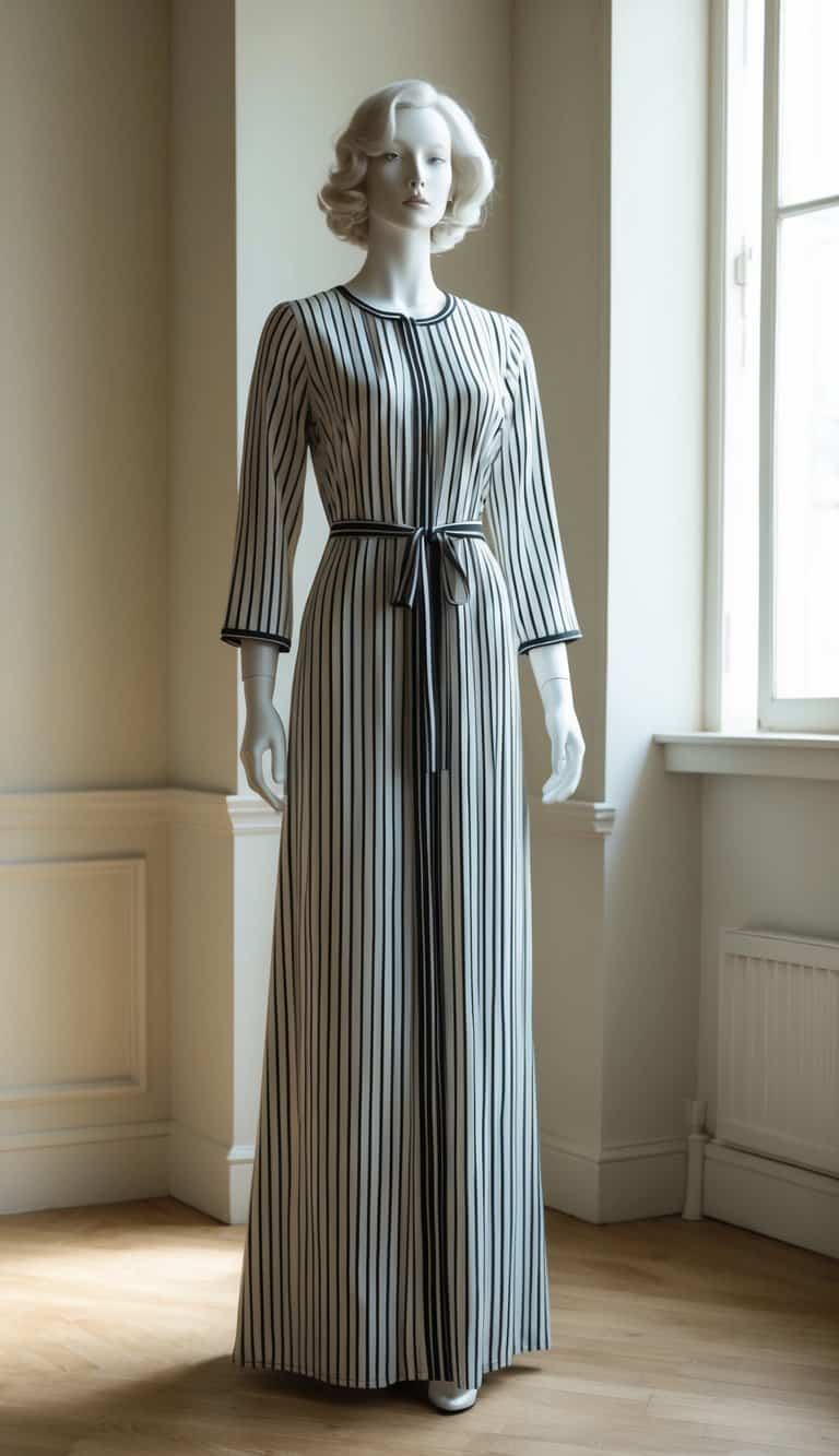 16 Classy White and Black Outfit Ideas for Timeless Style That Will Elevate Your Wardrobe! 5 A mannequin stands in a well-lit room, wearing a monochrome striped maxi dress. The dress exudes timeless style with its classy white and black color scheme