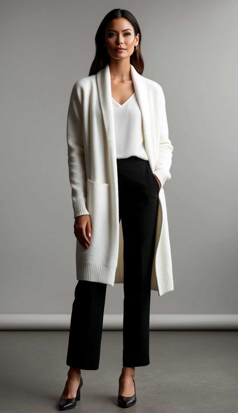 16 Classy White and Black Outfit Ideas for Timeless Style That Will Elevate Your Wardrobe! 14 A white cardigan draped over black ankle-length pants, creating a timeless and classy outfit