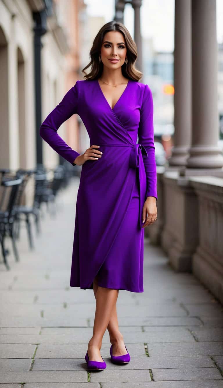 14 Purple Shoes Outfit Ideas to Stand Out and Shine Brighter Than Ever! 9 A vibrant purple wrap dress paired with matching ballet flats, creating a standout outfit