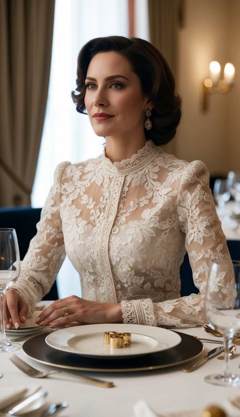 12 Dressy Dinner Outfit Ideas to Make an Impression You'll Never Forget 9 A lace detail blouse paired with elegant accessories on a dinner table with fine dining settings and a sophisticated ambiance