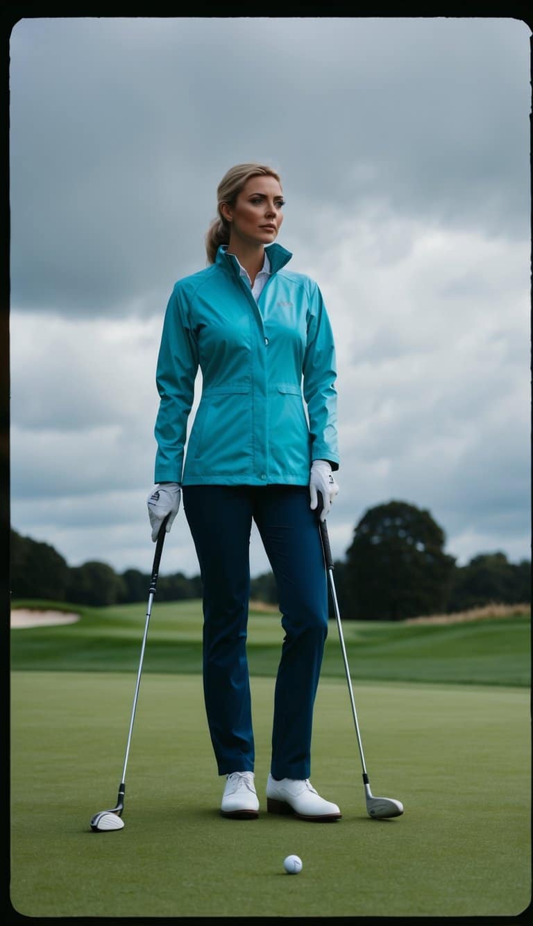 16 Women's Golf Outfit Ideas for a Stylish Day on the Course 14 A woman wearing a Rain Jacket 16 Women's Golf Outfit, standing on a lush green golf course with a club in hand, ready to tee off under a cloudy sky
