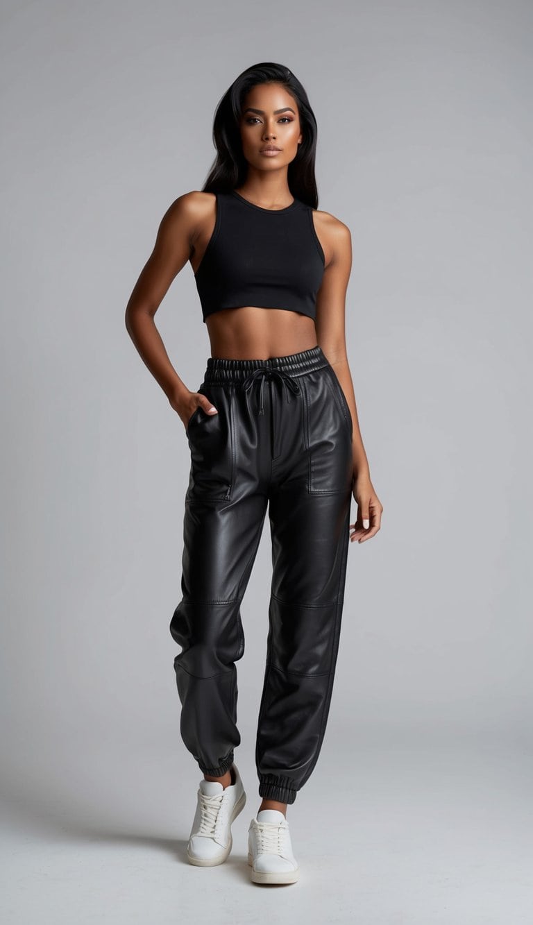 A model wearing high-waisted leather joggers with a crop top, standing confidently with a bold and edgy attitude