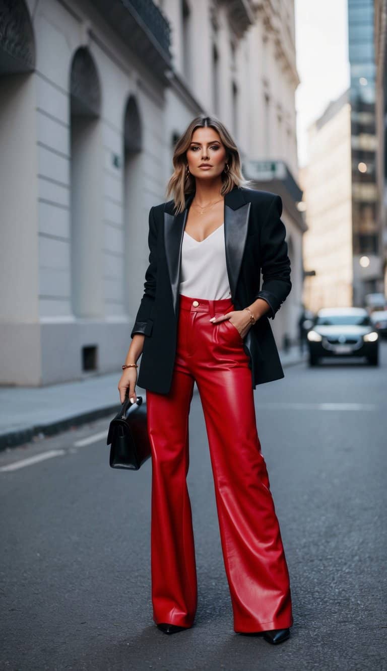 A pair of red leather pants is paired with a black blazer, creating an edgy and stylish outfit