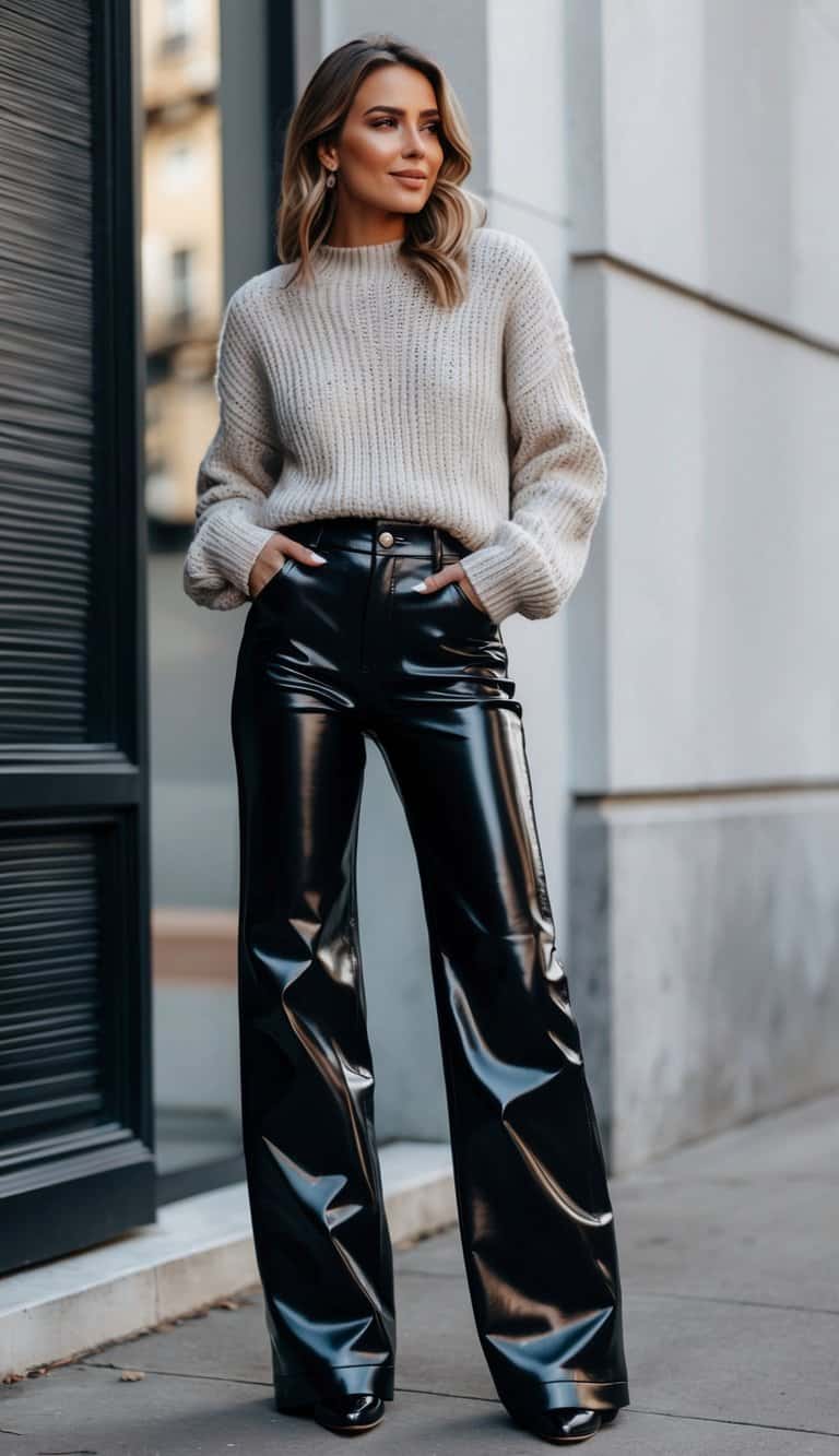 A pair of glossy leather pants paired with a cozy knit sweater, creating an edgy and stylish outfit
