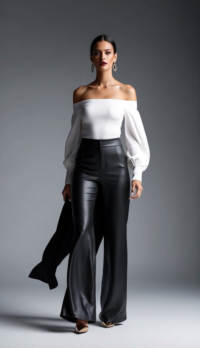 A sleek, modern woman's outfit with flowing leather palazzo pants and an off-shoulder top, exuding an edgy and sophisticated vibe