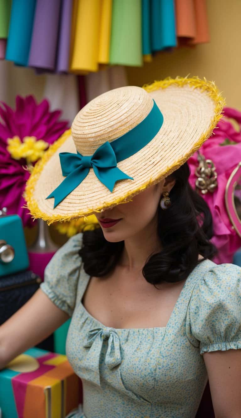 19 Fabulous 50s Outfit Ideas for Women Who Love Retro Flair: Embrace Timeless Style and Unleash Your Inner Diva! 12 A wide brim straw hat with a ribbon sits atop a vintage dress, surrounded by retro accessories and vibrant colors