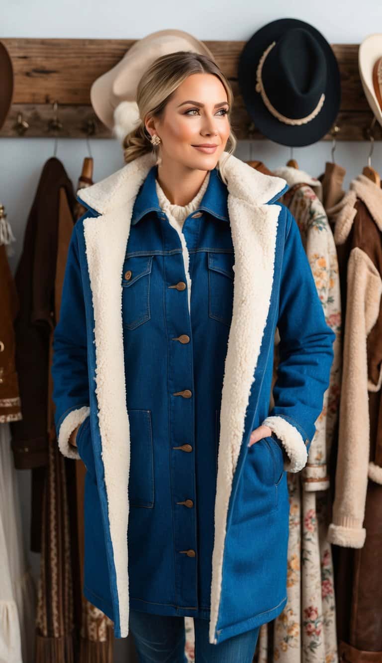 A cozy sherpa-lined denim coat hangs on a rustic wooden coat rack, surrounded by vintage western winter dress outfits