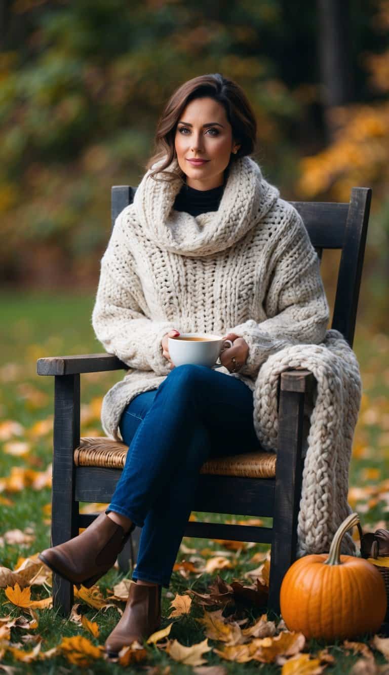 A cozy chunky knit sweater draped over a rustic wooden chair, surrounded by fallen autumn leaves and a warm cup of tea