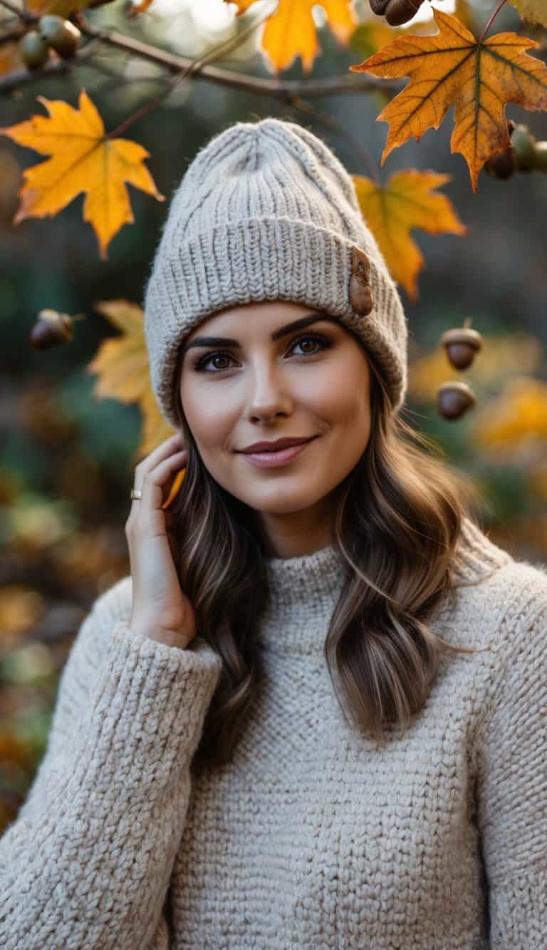 A cozy knit beanie surrounded by autumn leaves and acorns, with a warm color palette and a hint of crisp fall air