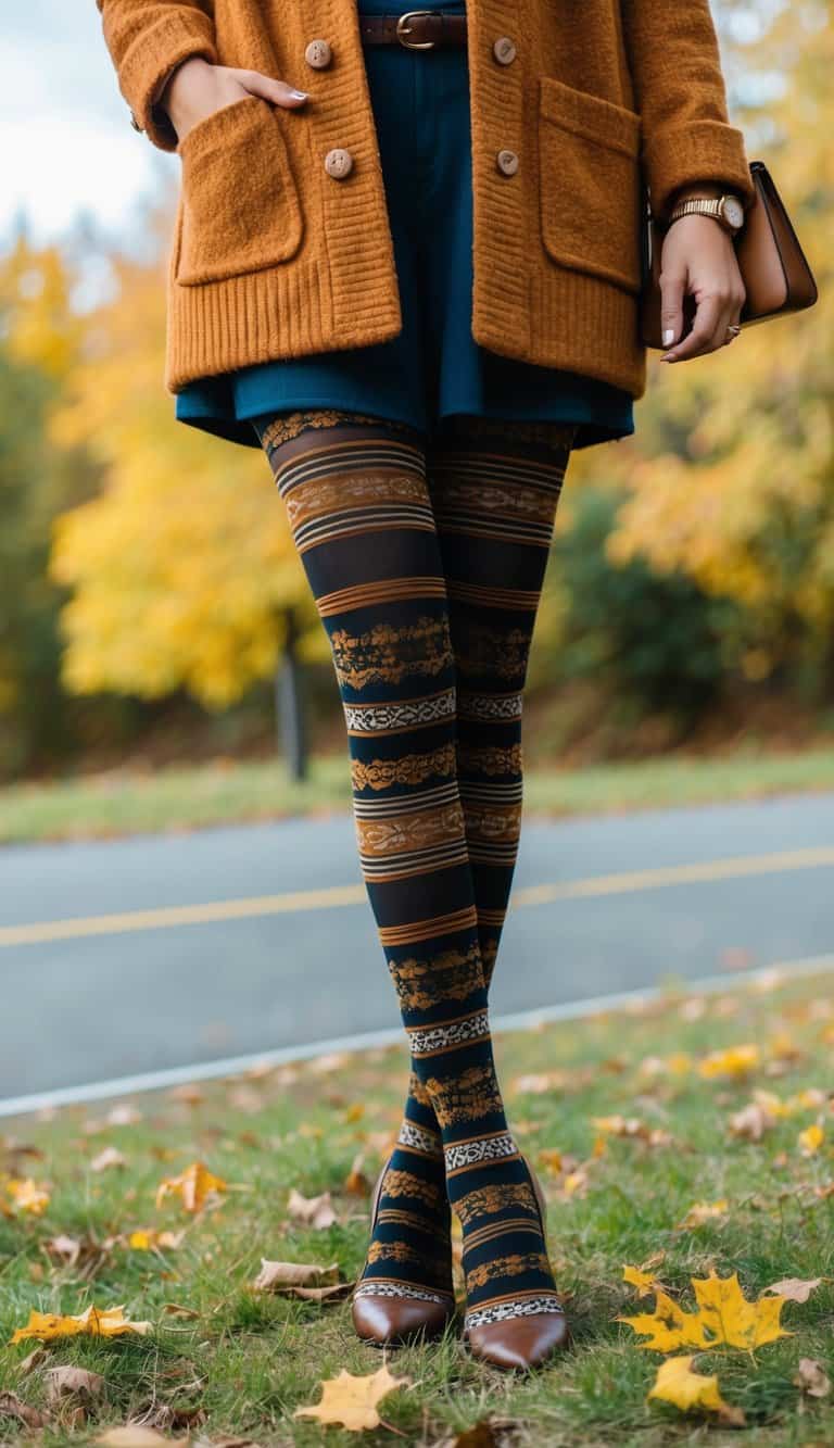 A woman's legs wearing patterned tights, paired with a stylish autumn outfit, standing in a scenic fall setting