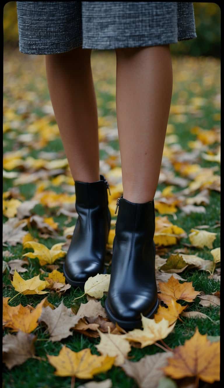 A woman's lower legs wearing ankle boots, surrounded by fallen leaves and autumn foliage