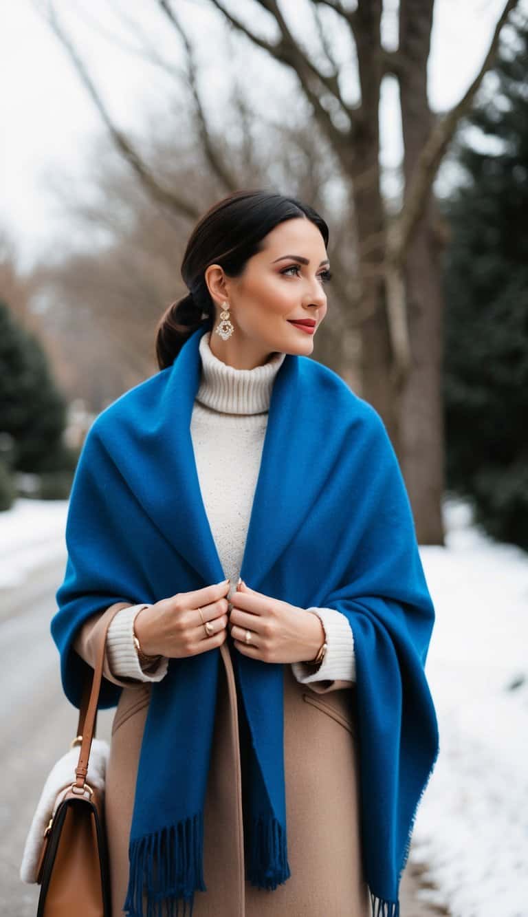 A sapphire blue shawl draped over a coat, paired with winter accessories and romantic elements