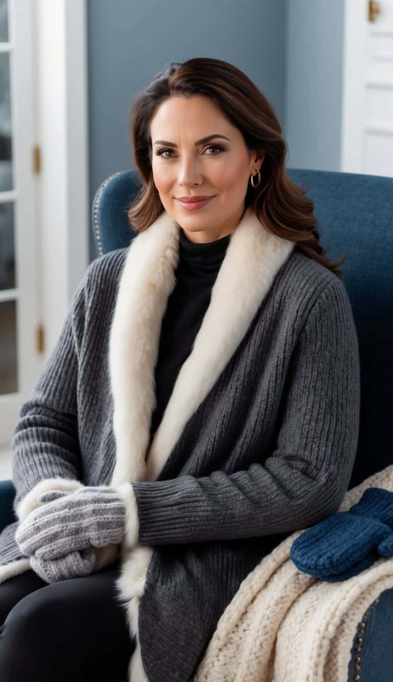 A cozy faux fur collar cardigan draped over a chair, surrounded by winter accessories like mittens and a scarf