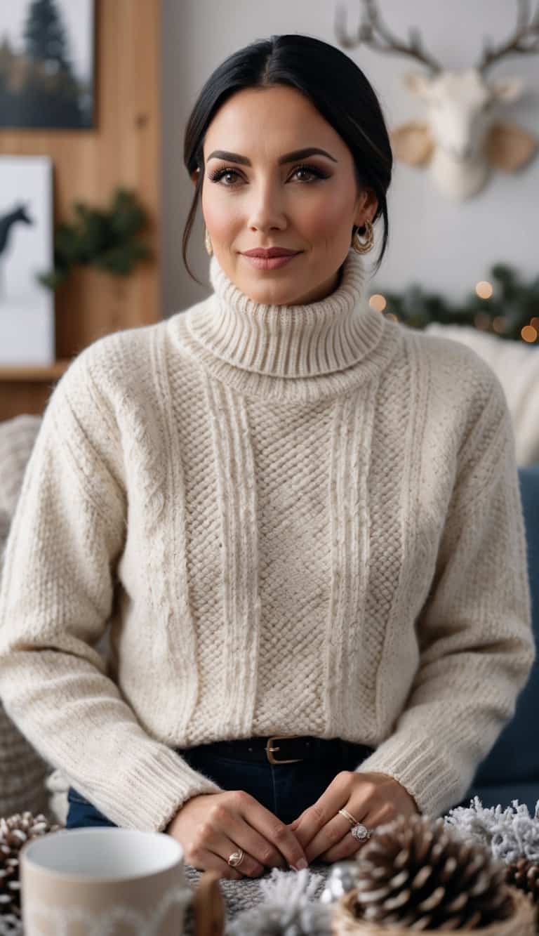 A cozy ivory wool turtleneck sweater surrounded by winter-themed accessories and decorations