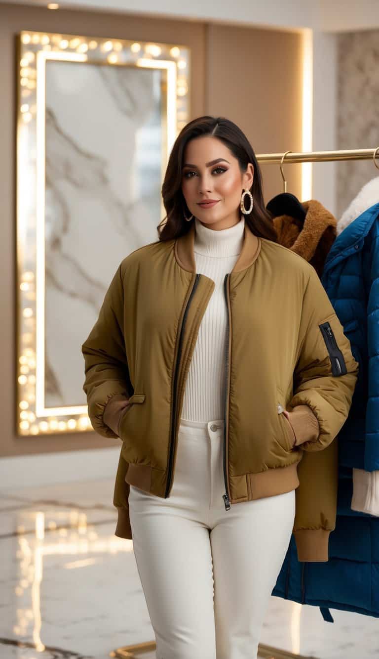 16 Plus Size Las Vegas Winter Outfit Ideas That Balance Glam and Comfort Perfectly! 11 A plus-size warm lined bomber jacket hangs on a coat rack in a glam Las Vegas winter setting