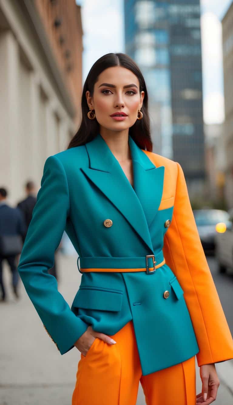A teal blazer paired with bright orange pants, creating a bold and colorful outfit combination