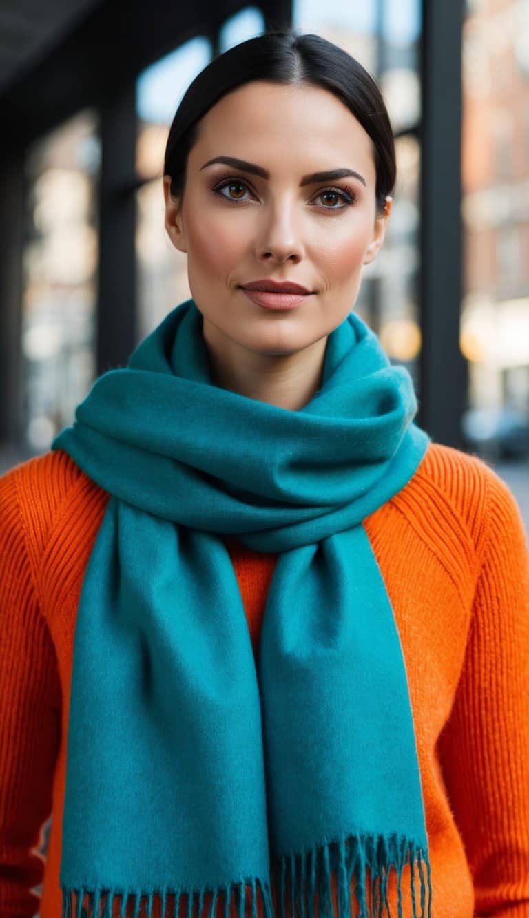 A teal scarf draped over an orange sweater, creating a vibrant and eye-catching color combination