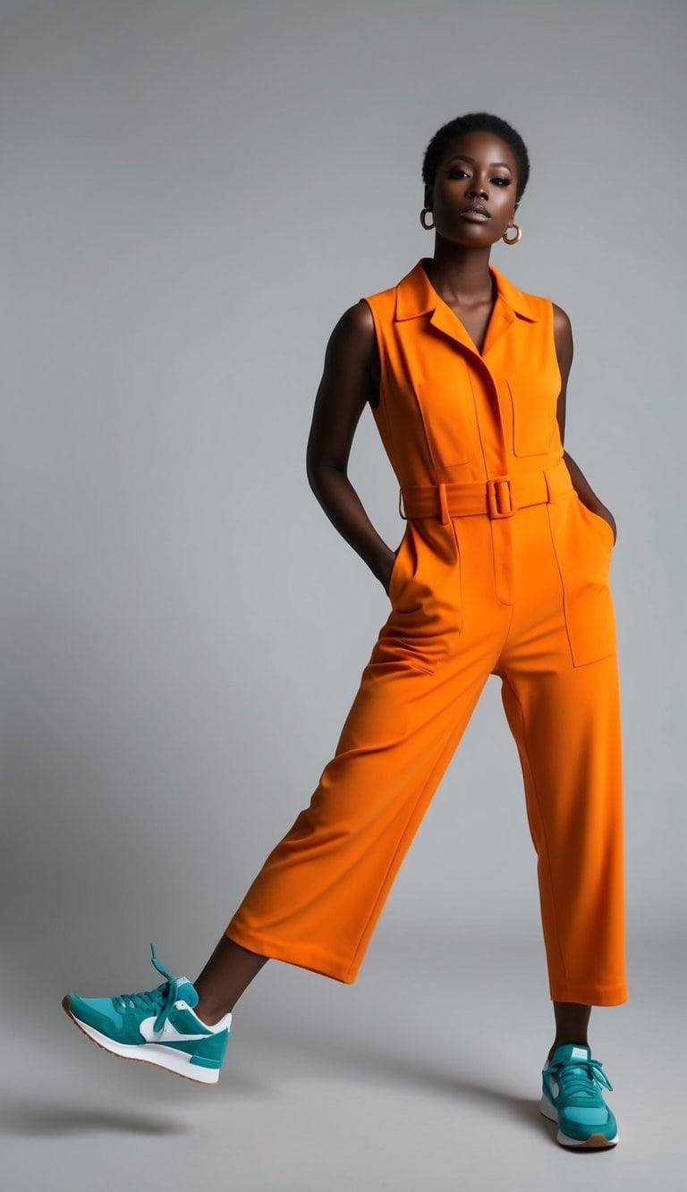 An orange jumpsuit and teal sneakers arranged in a dynamic composition