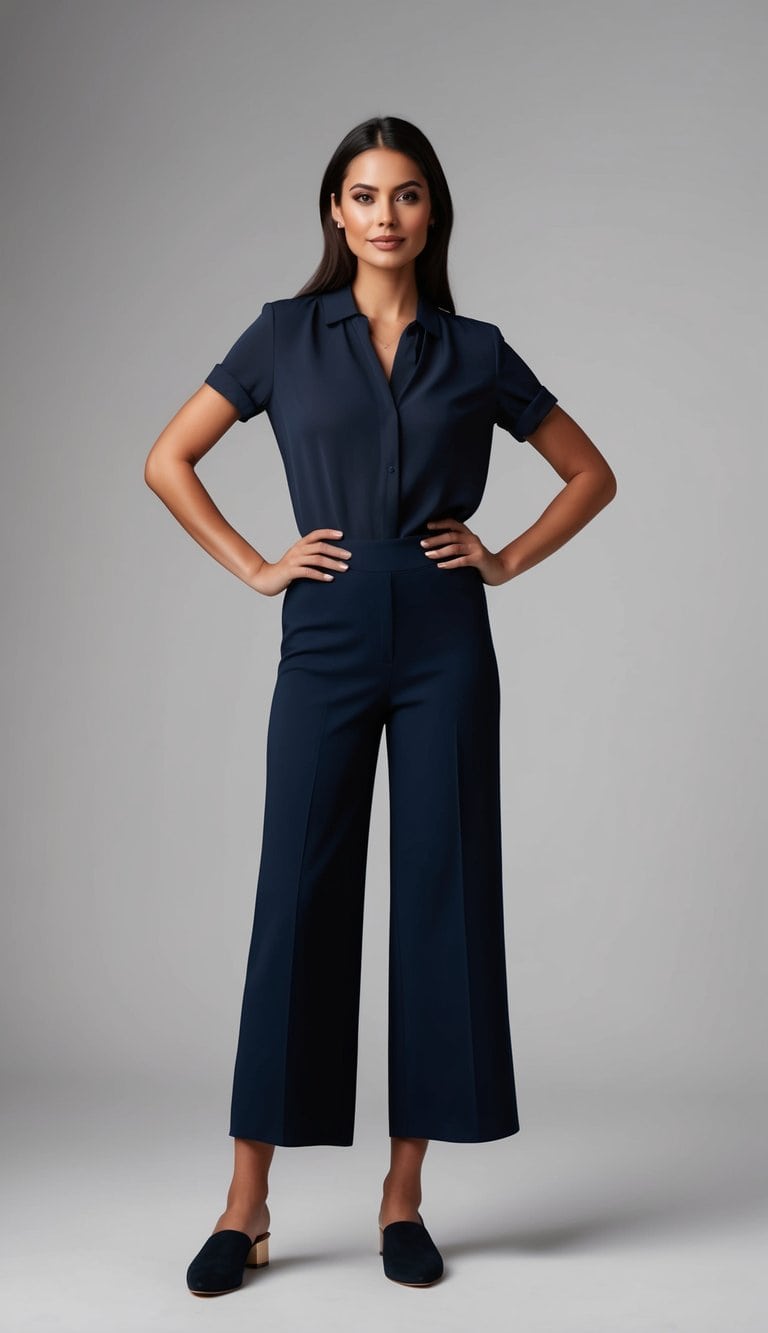 A model wearing navy high-waist culottes with a tucked-in blouse, standing confidently with hands on hips, showcasing a flattering fit
