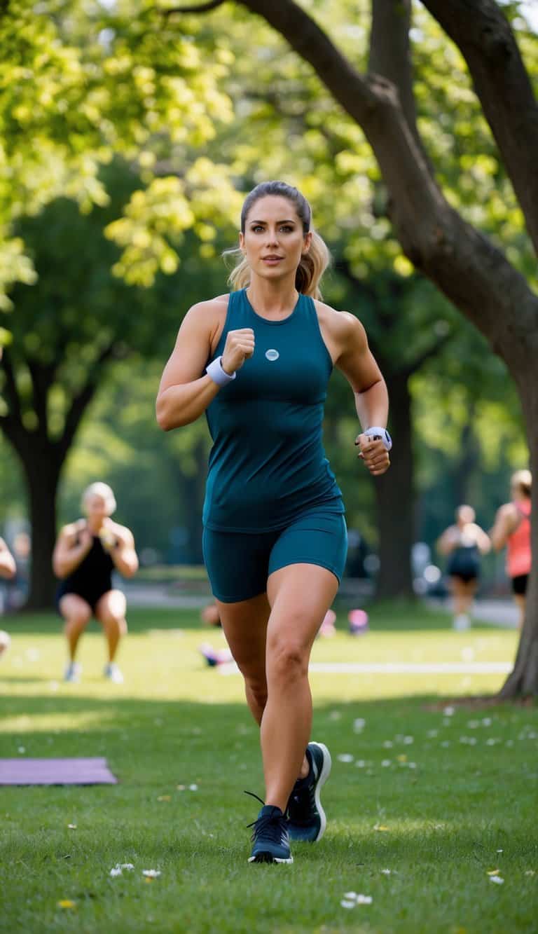 A woman wearing an Outdoor Voices Exercise Dress in a park, surrounded by trees and flowers, engaging in various workout activities