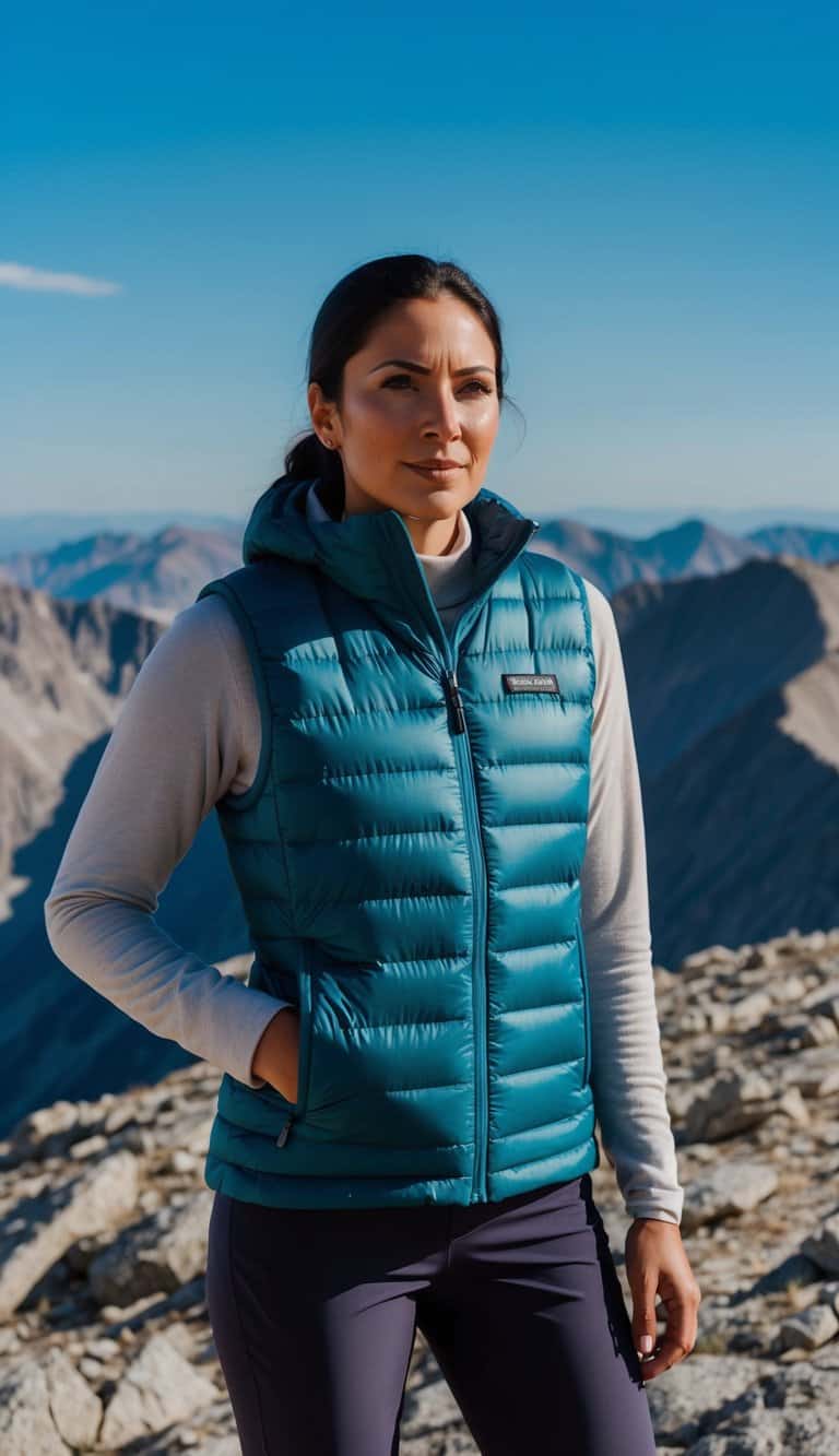 A hiker wearing a Patagonia Nano Puff Vest stands atop a mountain, surrounded by rugged terrain and a clear blue sky