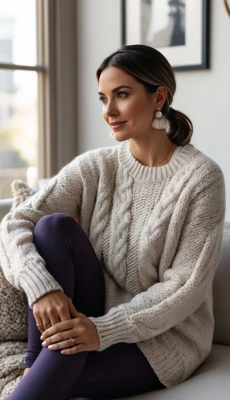 13 Long Sweater Outfit Ideas for Cozy Layering: Embrace Comfort and Style This Season! 2 A cozy scene with a chunky knit sweater paired with leggings, creating a comfortable and stylish outfit for layering