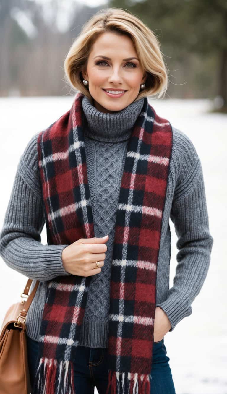 13 Long Sweater Outfit Ideas for Cozy Layering: Embrace Comfort and Style This Season! 11 A cozy fisherman sweater paired with a plaid scarf draped over it, creating a warm and layered outfit for chilly weather