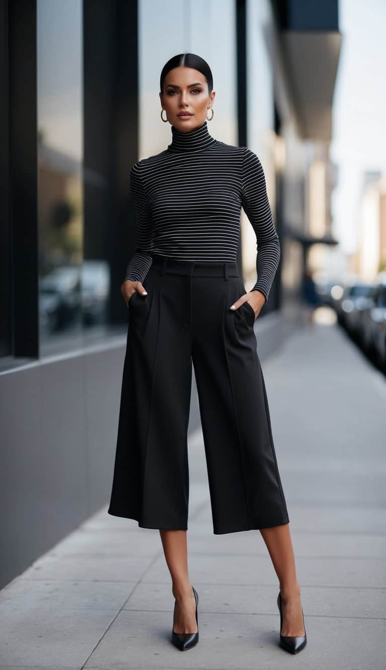 12 Black Trouser Outfit Ideas for Sleek and Sophisticated Style That Will Elevate Your Wardrobe! 3 A sleek and sophisticated outfit featuring black culottes paired with a striped turtleneck