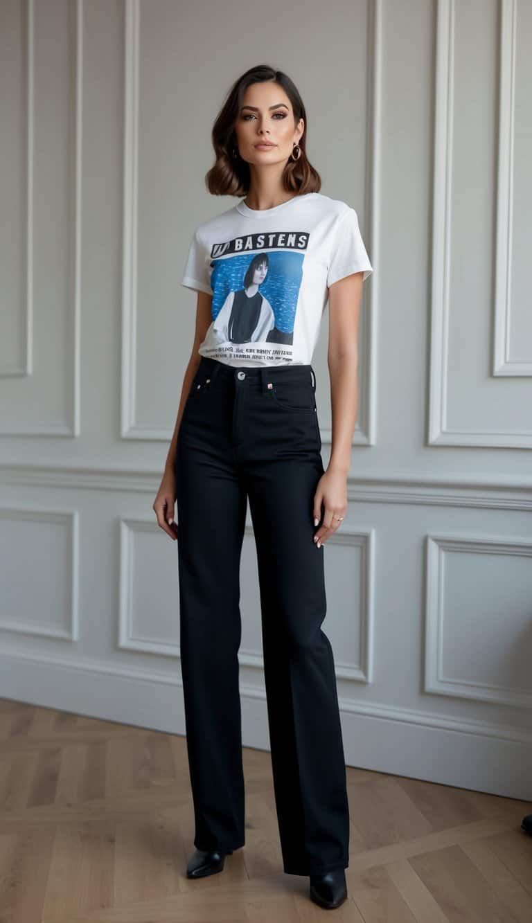 12 Black Trouser Outfit Ideas for Sleek and Sophisticated Style That Will Elevate Your Wardrobe! 5 A pair of classic black jeans paired with a graphic tee, styled with sleek and sophisticated black trousers