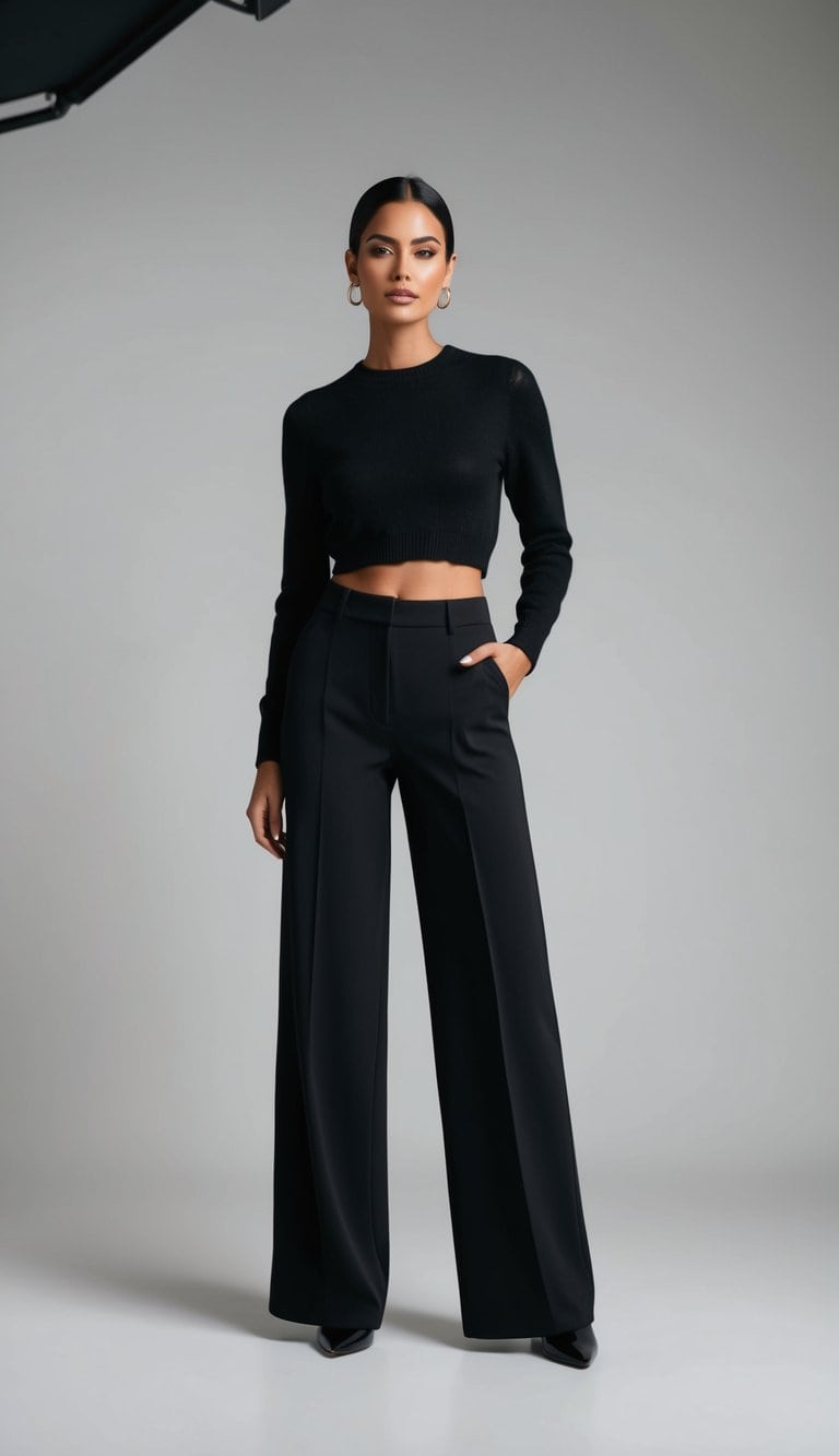 12 Black Trouser Outfit Ideas for Sleek and Sophisticated Style That Will Elevate Your Wardrobe! 6 A sleek and sophisticated outfit: wide-leg black trousers paired with a cropped sweater