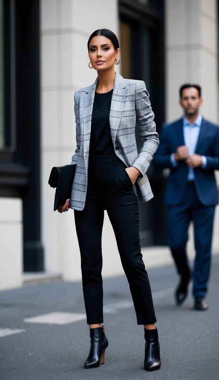 12 Black Trouser Outfit Ideas for Sleek and Sophisticated Style That Will Elevate Your Wardrobe! 10 A sleek and sophisticated outfit featuring black ankle pants paired with a plaid blazer, creating a polished and professional look