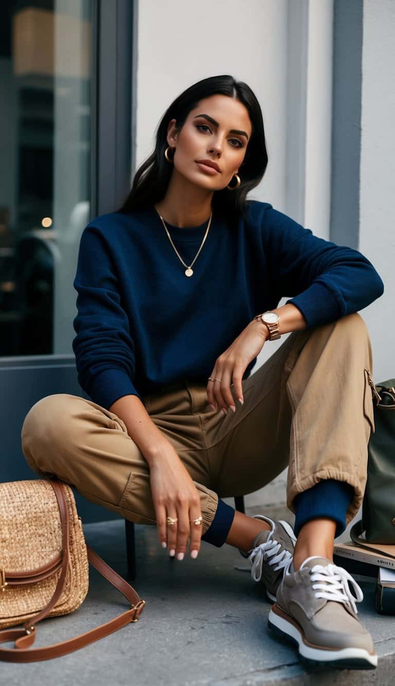 A neatly folded casual crewneck sweater paired with tan cargo pants, surrounded by stylish accessories and footwear, creating a chic and effortless fashion ensemble