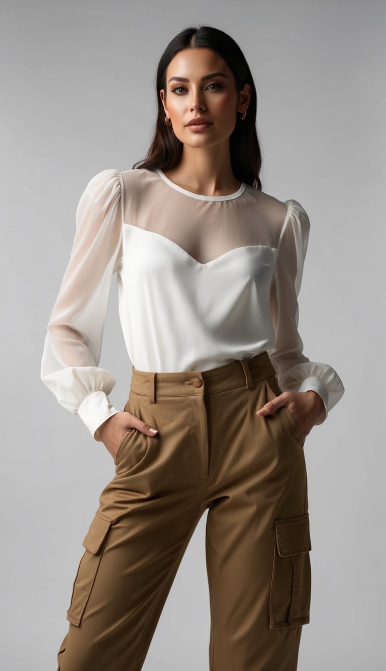 A stylish, sheer puff sleeve blouse paired with tan cargo pants, creating a chic and effortless fashion look