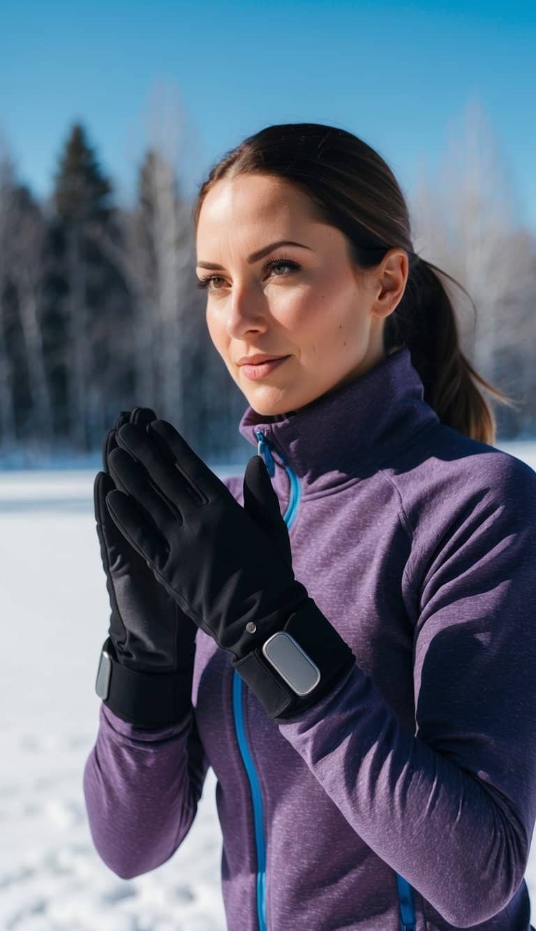 A person wearing sweatproof touchscreen gloves and a winter gym outfit, exercising outdoors in the snow