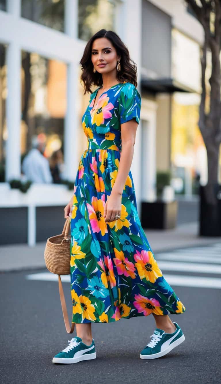 16 Sneaker Ball Outfit Ideas for Women Who Love Kicks: Step into Style and Confidence! 8 A colorful floral maxi dress paired with Puma Suedes 16 sneakers, creating a stylish and sporty ball outfit for women who love kicks