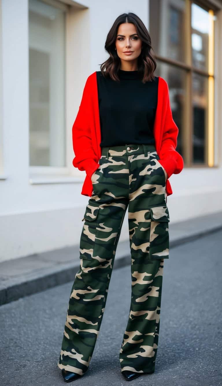 14 Camo Pants Outfit Ideas for a Bold Contrast That Will Elevate Your Style! 3 A pair of camo pants paired with a bold red sweater, creating a striking contrast