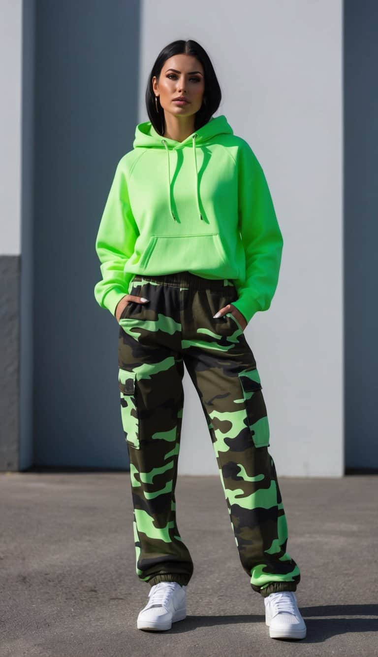 14 Camo Pants Outfit Ideas for a Bold Contrast That Will Elevate Your Style! 4 A pair of camo pants paired with a neon green hoodie, creating a bold contrast
