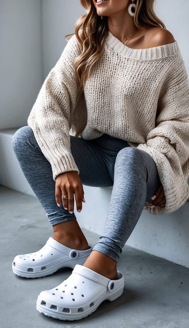 15 White Crocs Outfit Ideas for Casual Days That Will Elevate Your Style! 5 An oversized sweater and leggings paired with white Crocs, creating a cozy and casual outfit for a relaxed day