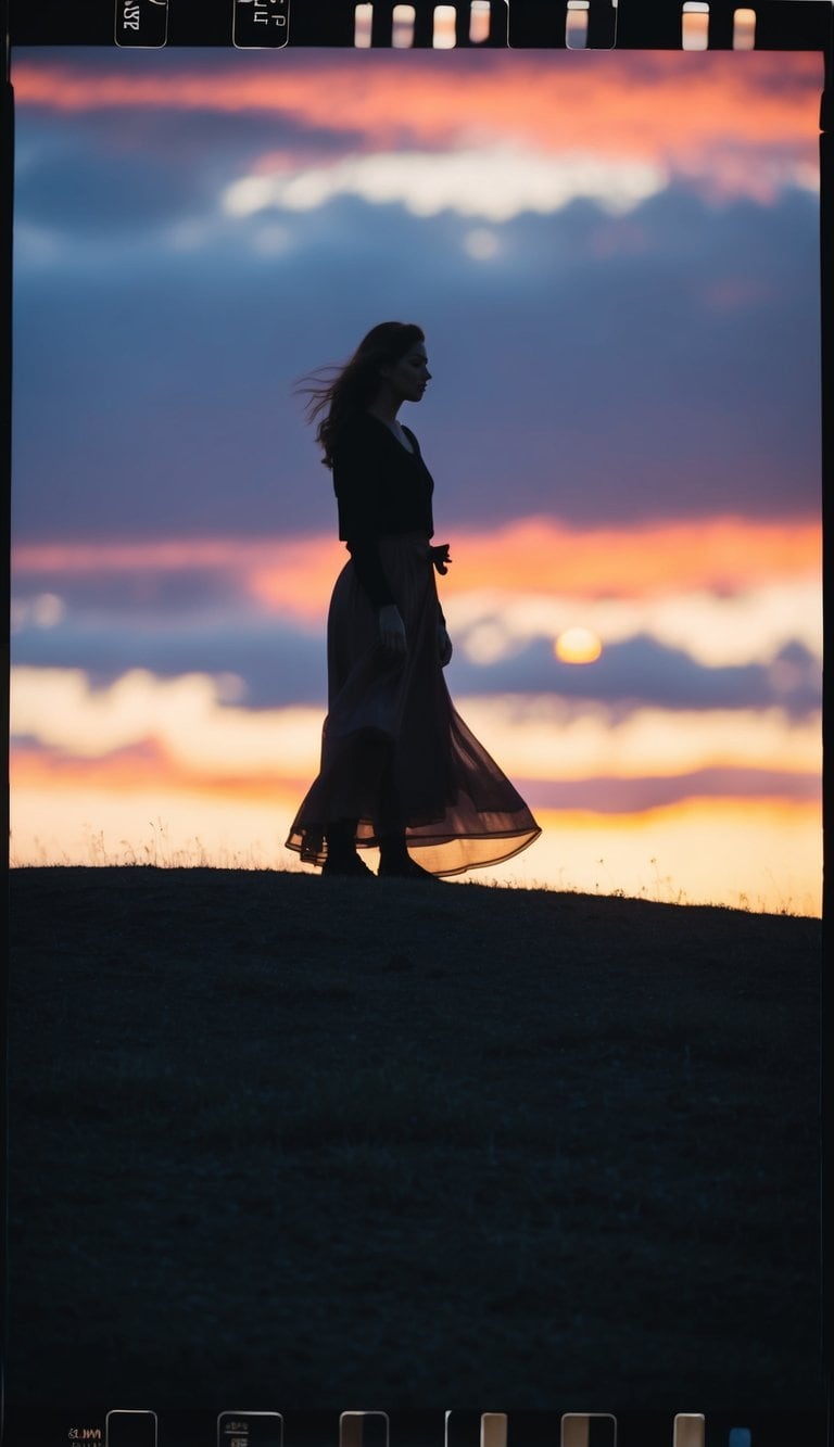 12 Outfit Picture Ideas Without Showing Your Face: Capture Your Style with Confidence! 3 A lone figure stands on a hill, outlined against the vibrant hues of a setting sun, with a flowing garment billowing in the gentle breeze