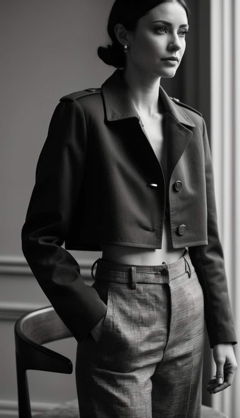 12 Outfit Picture Ideas Without Showing Your Face: Capture Your Style with Confidence! 13 A close-up of a cropped jacket draped over a chair with intricate details like buttons, stitching, and fabric texture